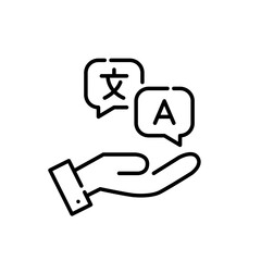 Hand holding speech bubbles with translation symbols. Pixel perfect, editable stroke icon