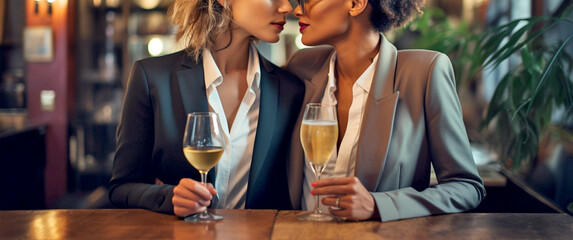 beautiful lesbian couple with glasses of champagne in a restaurant close-up. Generative Ai - obrazy, fototapety, plakaty