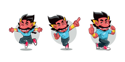 Collection of giant characters dressed in blue jackets with red shoes