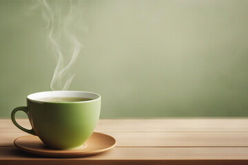 a cup of green tea on top of wooden table