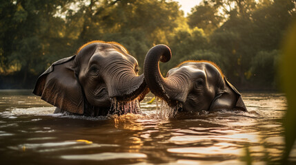two elephants bathe in the river. Generative Ai
