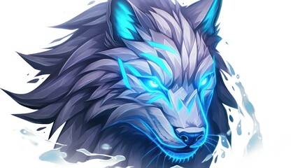 Blue Wolf Head with Feathered Texture and Soft Purple Hues – Nature-inspired Illustration with Colorful Bird Elements, Water Effects, and Artistic Smoke Patterns3