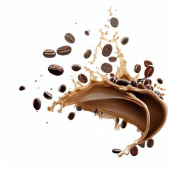Coffee beans Splash on coffee, isolated on white background, Isolate Object of coffee beans and splash of coffee. 3d rendering. Generative AI 