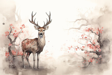 Image of deer with pink cherry blossoms in ancient chinese style. Wildlife Animals. Nature. Illustration, Generative AI.
