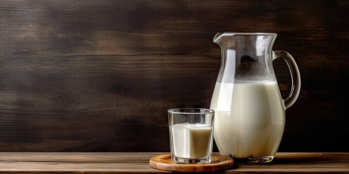 Fresh Milk in glass and jug on wooden table. Portrait of Health and Purity