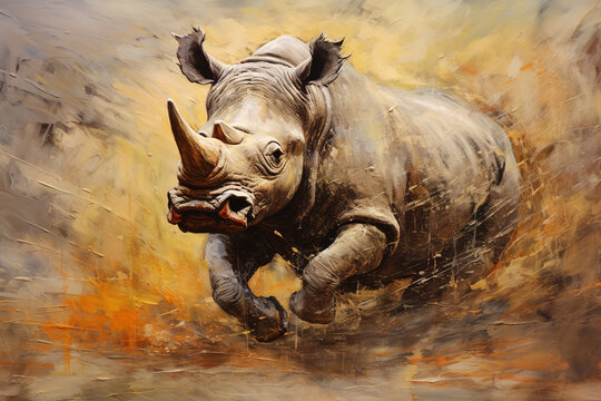 Beautiful painting of angry rhinoceros. Wildlife Animals. Illustration, Generative AI.