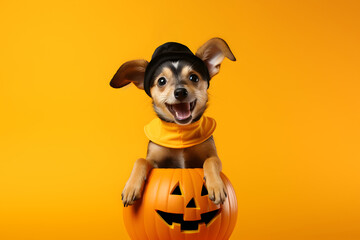 Cute Halloween puppy dog with jack-o-lantern pumpkin in studio yellow background