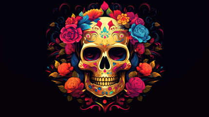 Day of the Dead filled with digital Mexican skulls with roses on their heads.