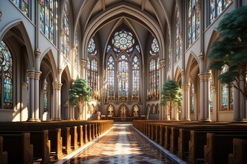 An image of a Christian church's serene interior, with stained glass windows and a cross.Generated with AI