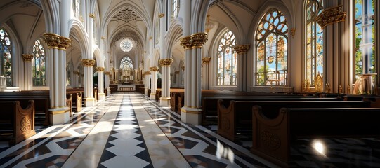An image of a Christian church's serene interior, with stained glass windows and a cross.Generated...