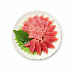 Raw salmon filet cube on a white plate and white table background. Generative AI 