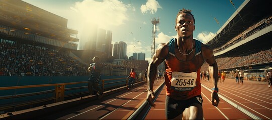 Athletics (Track and Field): Sprinters explode off the starting blocks, launching ,Generated with AI
