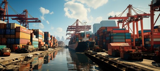 world of shipping transports. Depict a bustling port with cargo ships of various sizes and types, loading and unloading goods by cranes.Generated with AI - obrazy, fototapety, plakaty