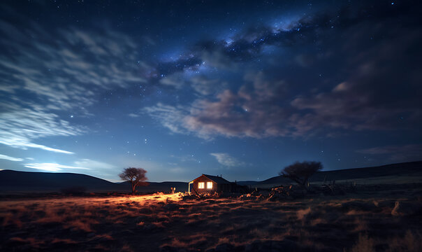 Astrophotography background photograph at night with milkyway and small home for object AI image generative