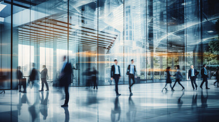 blurred business people walking in glass office - crowded airport with blurred people and