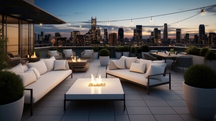 Rooftop lounge and cozy seating with panoramic views at city skyscraper, Modern decor.