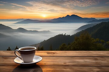 Morning Bliss. Sipping Fresh Espresso in Natural Setting. Cappuccino with View. Enjoying Coffee in Mountains at Sunrise - obrazy, fototapety, plakaty