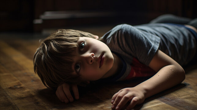 boy with epileptic seizures lying on the floor -Kid fainted on the floor eyes open, sudden death concept