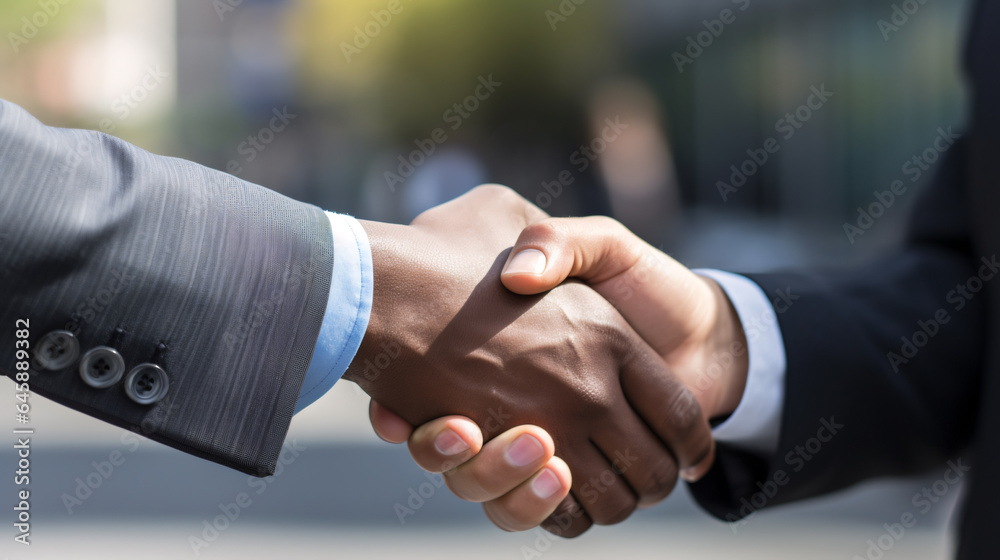 Wall mural close up of a two businessmen doing a confident handshake , business deal, success deal, agreement