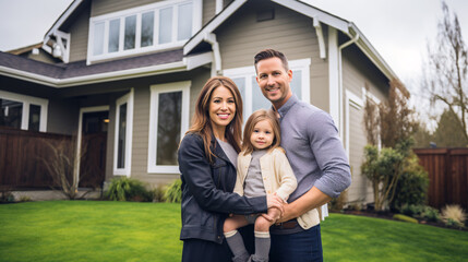 Happy family in front of newly purchased dream house- life goal, accomplishment
