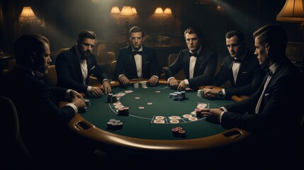 Group of mid-aged gentlemen wearing tuxedos sitting around a poker table, Enjoying a poker game.