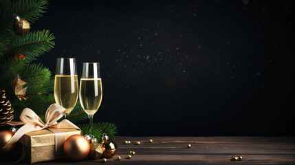 Gifts on table with two campaign glasses and Christmas tree, wooden table with black background and copy space