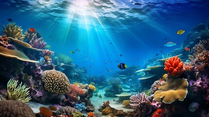 underwater exploration of a vibrant coral reefs and tropical fish. AI generative - obrazy, fototapety, plakaty