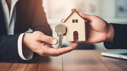 handing over house key to the buyer - real estate agent holding keys with a miniature house