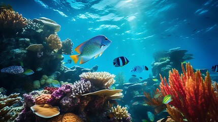 Naklejka na ściany i meble underwater exploration of a vibrant coral reefs and tropical fish. AI generative