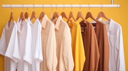 Colorful clothes hanging on rack.