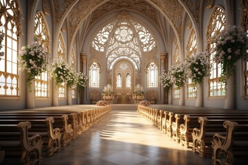 Obraz premium An image of a Christian church's serene interior, with stained glass windows and a cross.Generated with AI