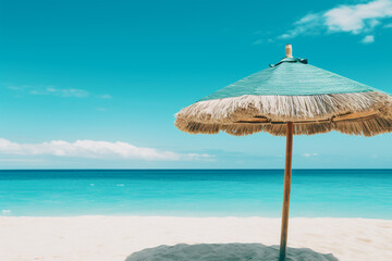 the tropical beach moment with towel under the parasol with turquoise sea in the background