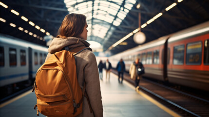 woman with backpack going on a trip from backside in a train station - waiting for a train, public travel concept 