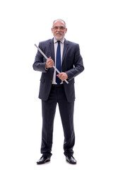 Old businessman holding metal stick isolated on white