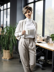 Fototapeta premium Portrait of businesswoman with coffee standing in modern office.