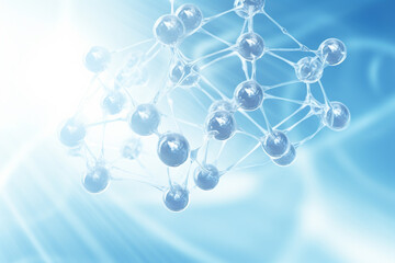 water molecules and bubbles floating in blue water, in the style of molecular structures