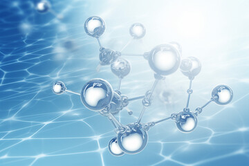 water molecules and bubbles floating in blue water, in the style of molecular structures