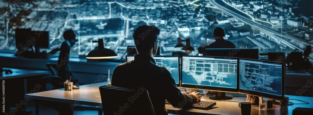 Fototapete Specialists Working on Desktop Computers With Big LED Screen Shows Surveillance Satellite Data Traffic Footage Reports, City Map.