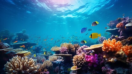 Naklejka na ściany i meble underwater exploration of a vibrant coral reefs and tropical fish. AI generative