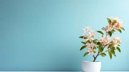 floral white pot with blooming flower on blue background