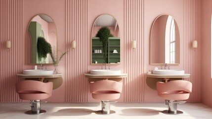 Pink salon interior with armchairs in row and accessories, Modern barber shop.