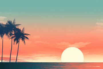 Beautiful sunset on the beach. Vector illustration in flat style