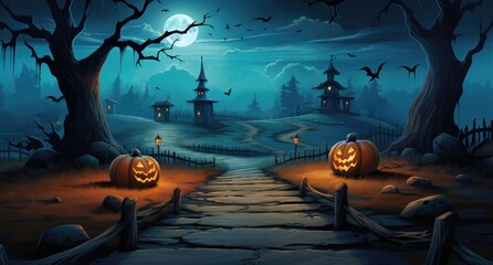 Halloween landscape background with pumpkins and full moon in the spooky haunted forest. - obrazy, fototapety, plakaty