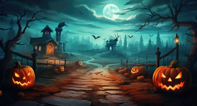 Halloween landscape background with pumpkins and full moon in the spooky haunted forest.