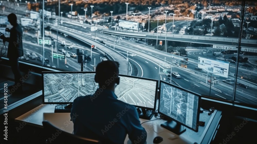 Poster male software engineers working on laptop with big screen in a modern monitoring office with live cc