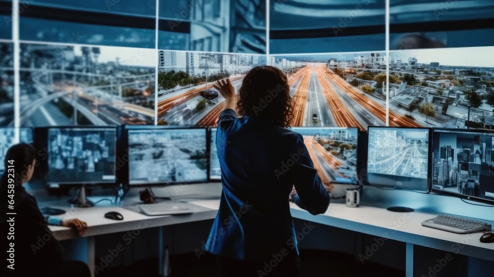 Poster Diverse Male and Female Software Engineers Discuss Live Analysis Feed with City Road and Traffic Updates in a Modern Monitoring Office.
