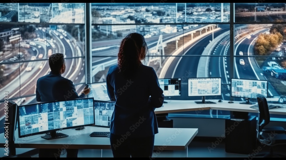 Aufkleber diverse male and female software engineers discuss live analysis feed with city road and traffic upd