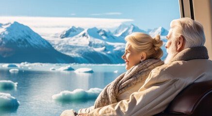 Senior couple enjoying a view from their luxurious cruise suite during admiring the majestic glaciers.