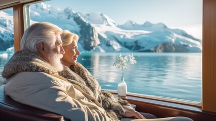 Fototapeta premium Senior couple enjoying a view from their luxurious cruise suite during admiring the majestic glaciers.