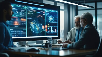 Diverse Team of Data Scientists Discussing Graphs and Reports on Big Digital Screen in the Office, Business Meeting in a Big Data Monitoring Company.